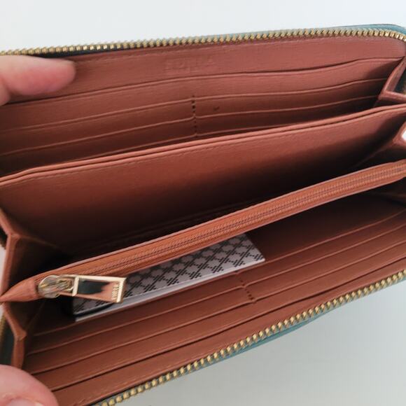 Furla Wallet Large Teal Blue Gray Two Block Genuine Leather Italian Zip Around - Picture 4 of 13